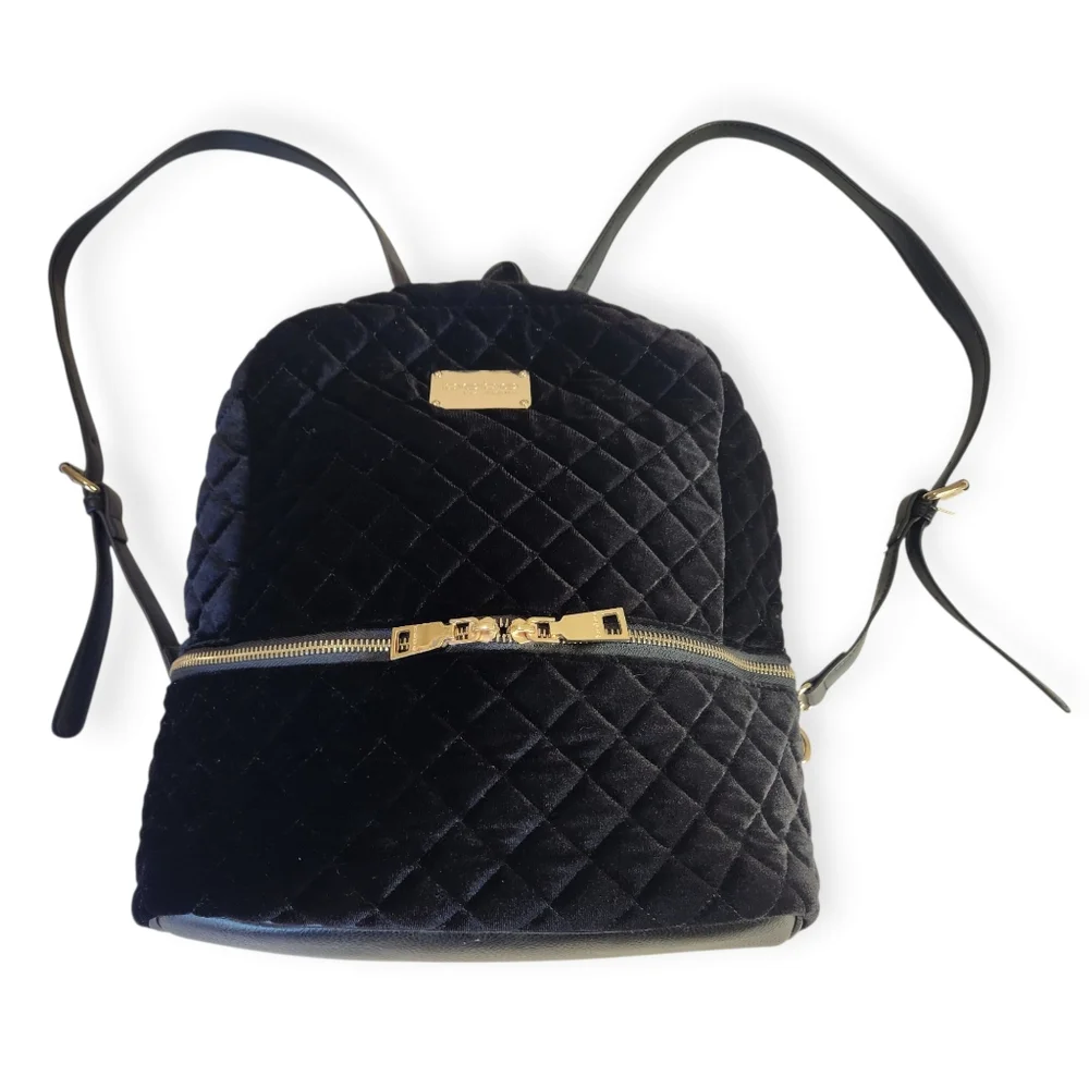 BEBE Black Velvet Diamond Quilted Mini Backpack Shoulder Bag Purse Carryall